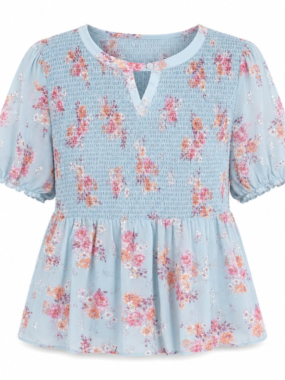 Cure Romantic Fairycore floral Metallic Smocked Short Sleeve Top Baby Blue